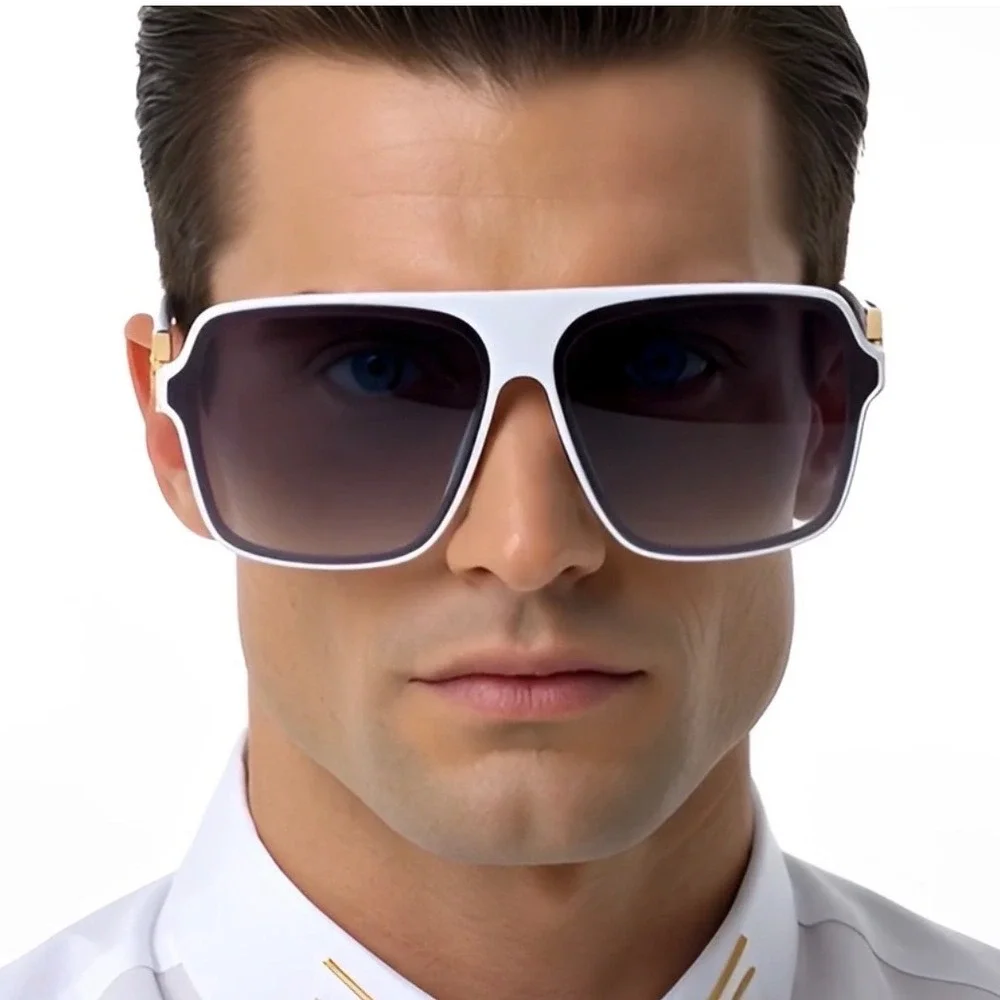 Mens White Oversized Square Sunglasses Gold‎ Lion Head Medallion Streetwear Rap